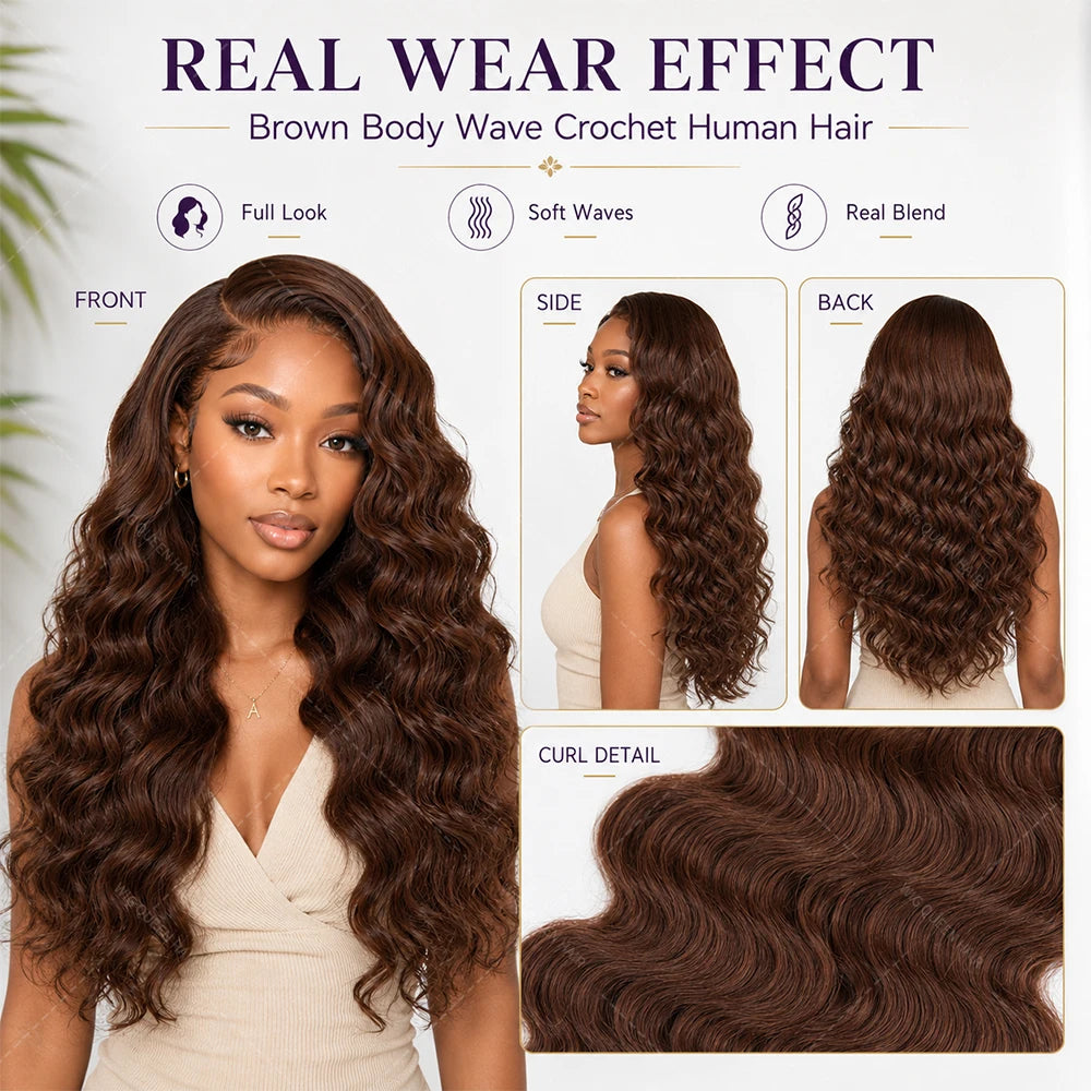 Brown Body Wave Crochet Human Hair Miracle Knots Pre Looped Soft Lightweight Natural Blend Extensions For Black Women Easy Wear