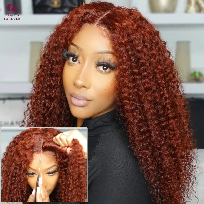 Beautyforever 7x5 Bye Bye Knots Glueless Human Hair Wig Jerry Curly Reddish Brown Color HD Transparent Lace Front Wig 180%