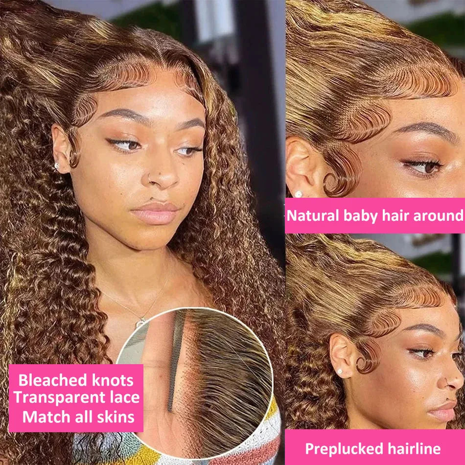 4/27 Highlight Kinky Curly Human Hair Wig Wear And Go Glueless 13x4 Lace Front Wig 200% HD Deep Wave Lace Frontal Wig PrePlucked