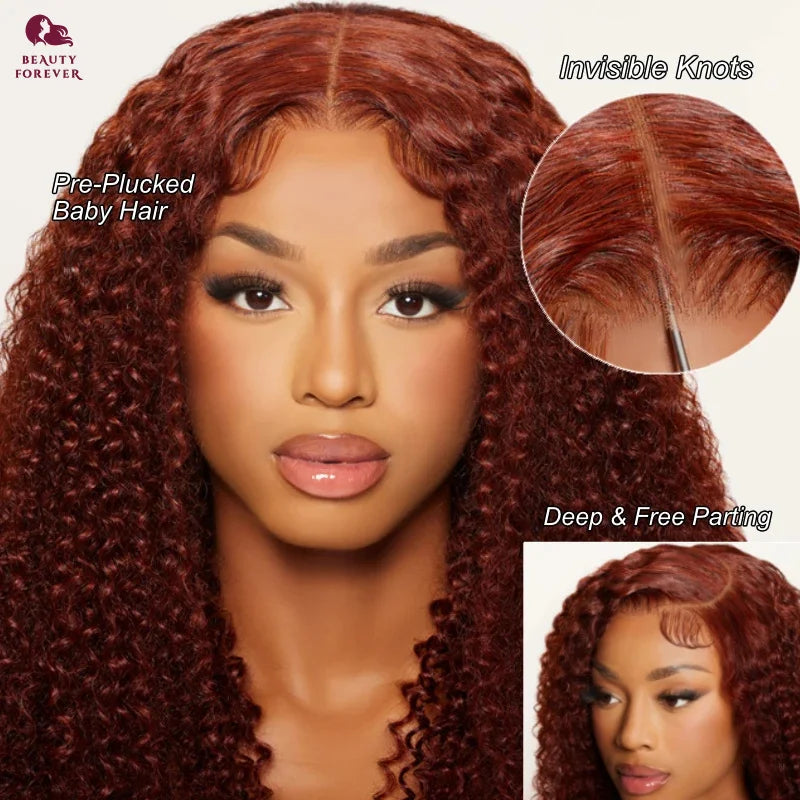 Beautyforever 7x5 Bye Bye Knots Glueless Human Hair Wig Jerry Curly Reddish Brown Color HD Transparent Lace Front Wig 180%