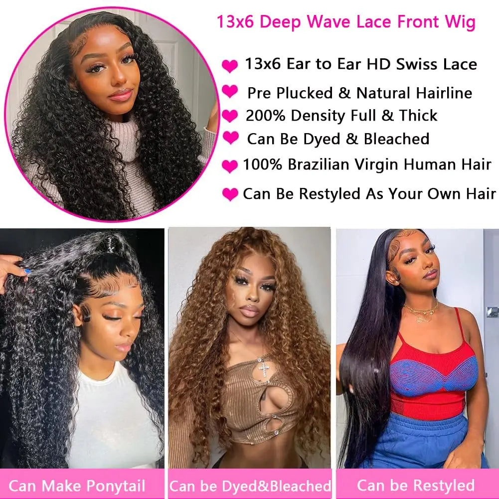Deep Wave Human Hair Wig 13x6 HD Lace Front Wig 200% Density Curly Human Hair Wig For Woman Pre Plucked