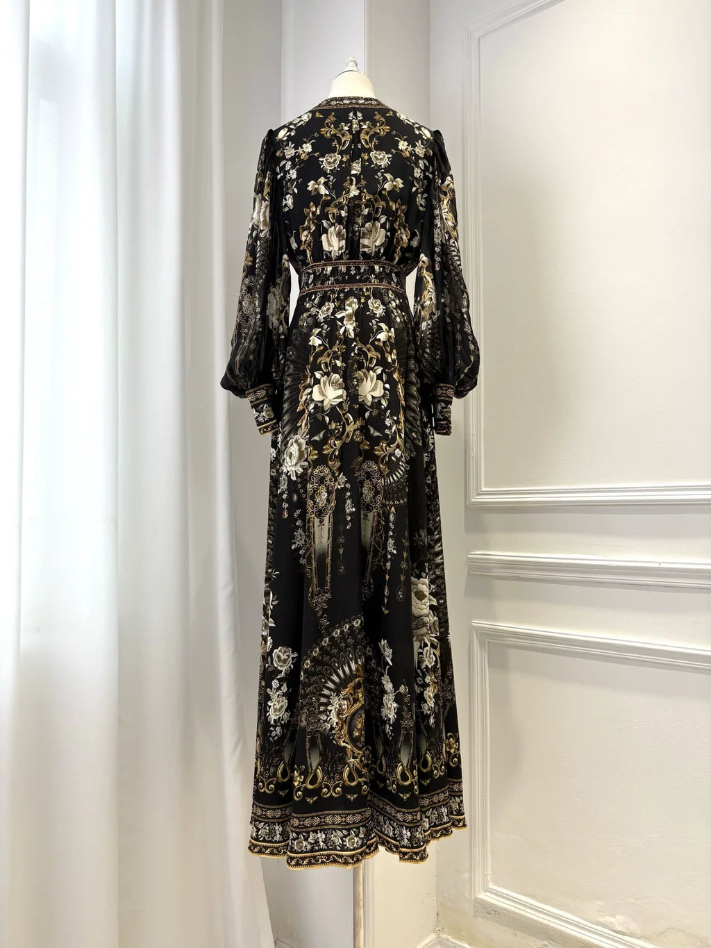 Crystal Beaded Women 100% Silk Maxi Dress Floral Printed V-Neck Elastic Waist Lantern Sleeve Vintage Black Robe
