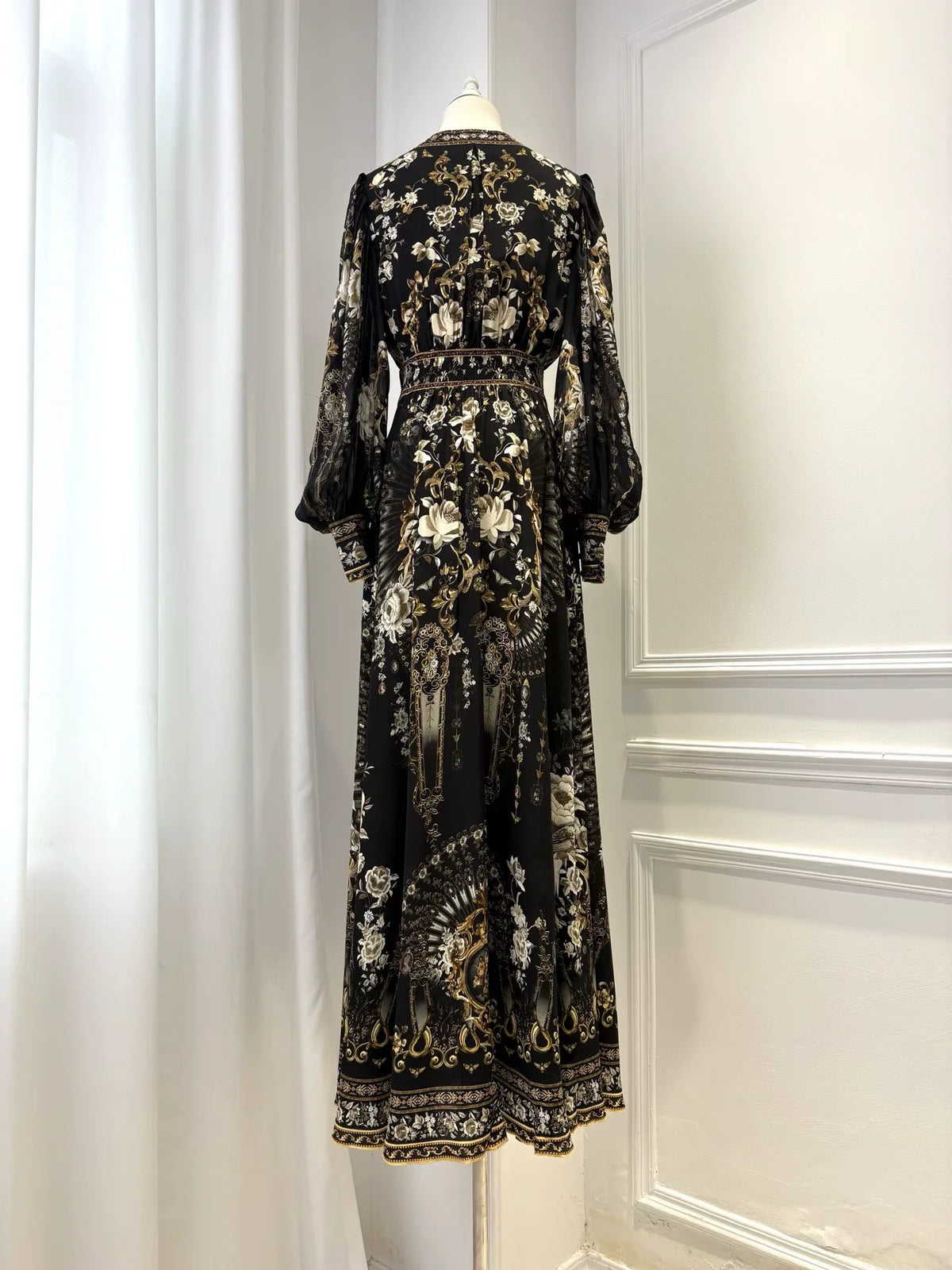Crystal Beaded Women 100% Silk Maxi Dress Floral Printed V-Neck Elastic Waist Lantern Sleeve Vintage Black Robe