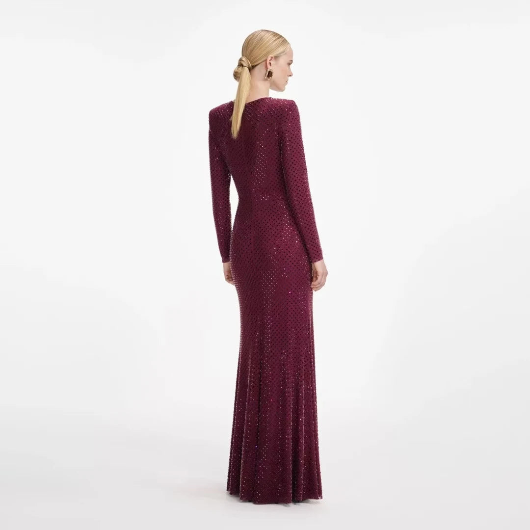 Women hot diamond long red dress long sleeve fashion luxury Fish tail long dress