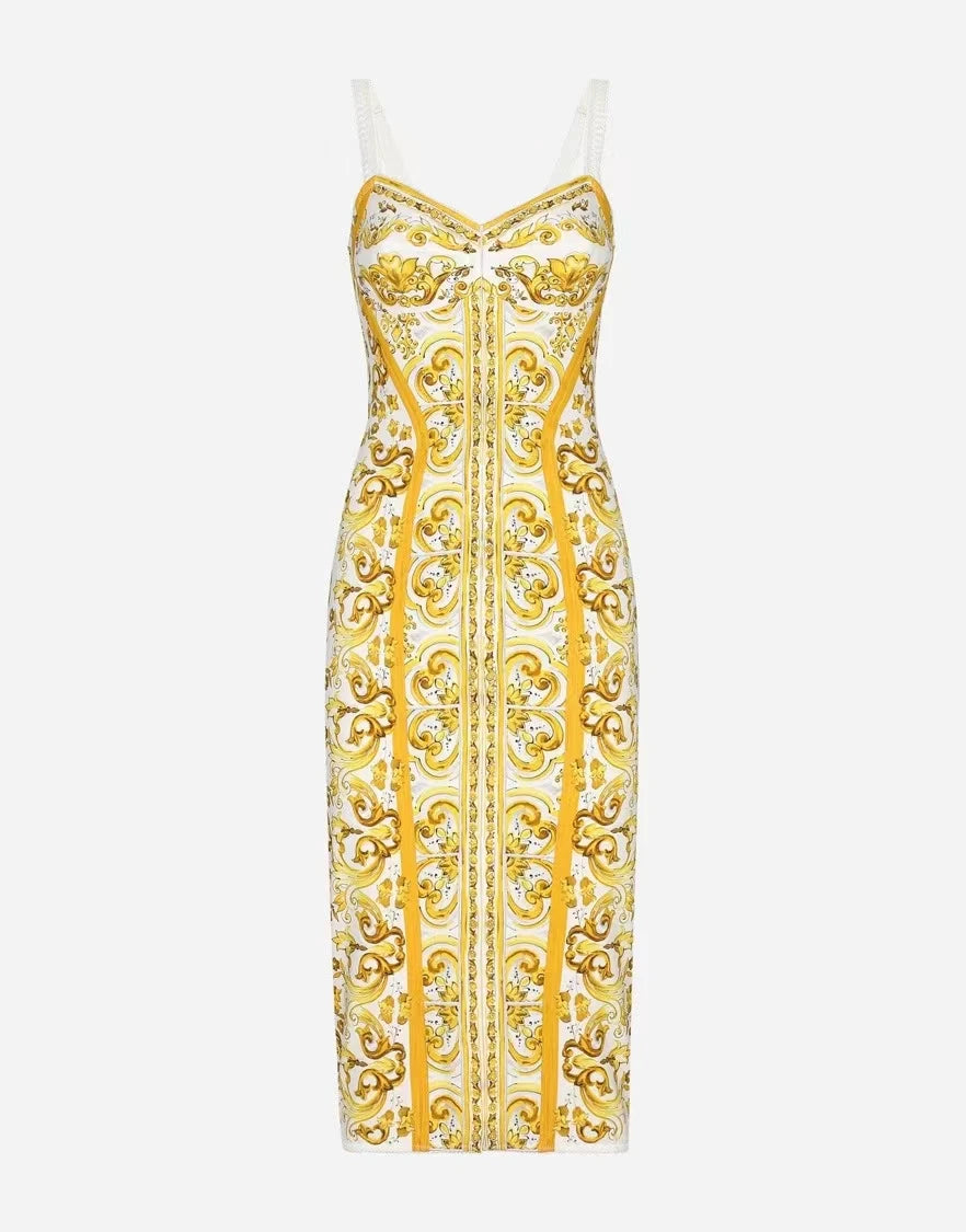 Summer Silk Bustier Midi Dress Women's Elegant Spaghetti Strap Porcelain Print Beach Party Sexy Bodycon Vacation Evening Dress