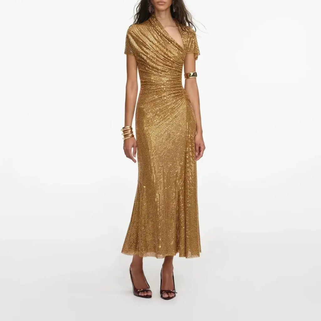 Women Golden rhinestone midi dress asymmetrical neckline short sleeve dress