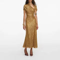 Women Golden rhinestone midi dress asymmetrical neckline short sleeve dress