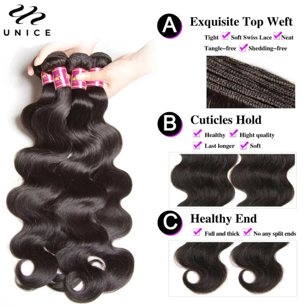 UNice Body Wave Bundles With Clousre 100% Human Hair Bundles 2/3/4 PCS With 1PC 4x4 Lace Closure Can Make 300% Density Wigs