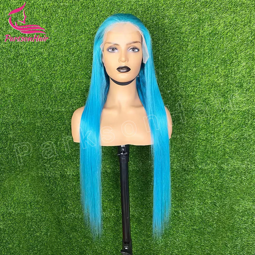250 Density Blue Colored Straight Lace Front Real Human Hair Wigs Brazilian 13x4 13x6 Transparent Lace Frontal Wigs For Women
