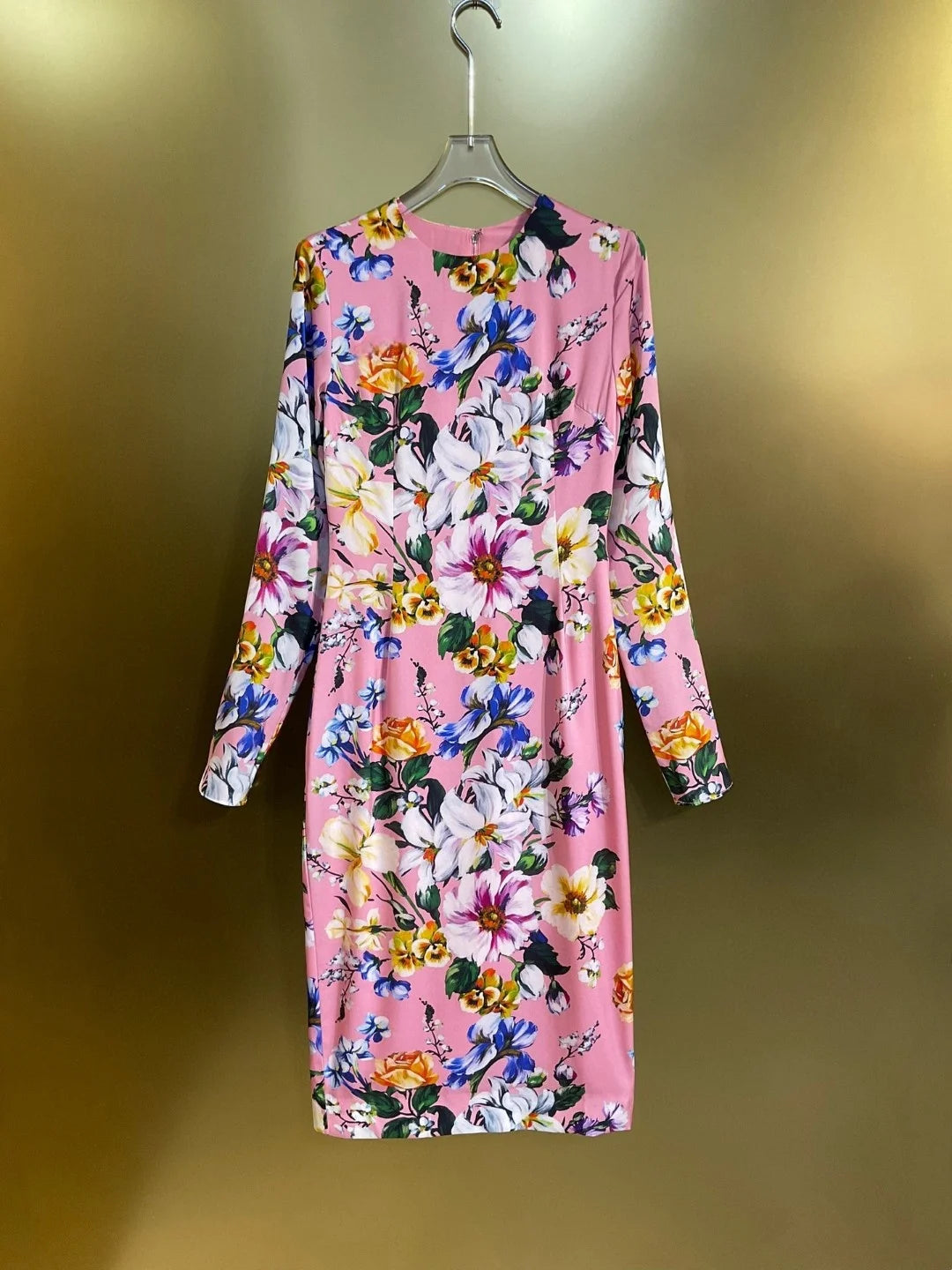 Women’s 100% Silk Floral Print Midi Dress | 2026 Runway Luxury Designer Inspired Long Sleeve Pink Evening Party Gown Spring