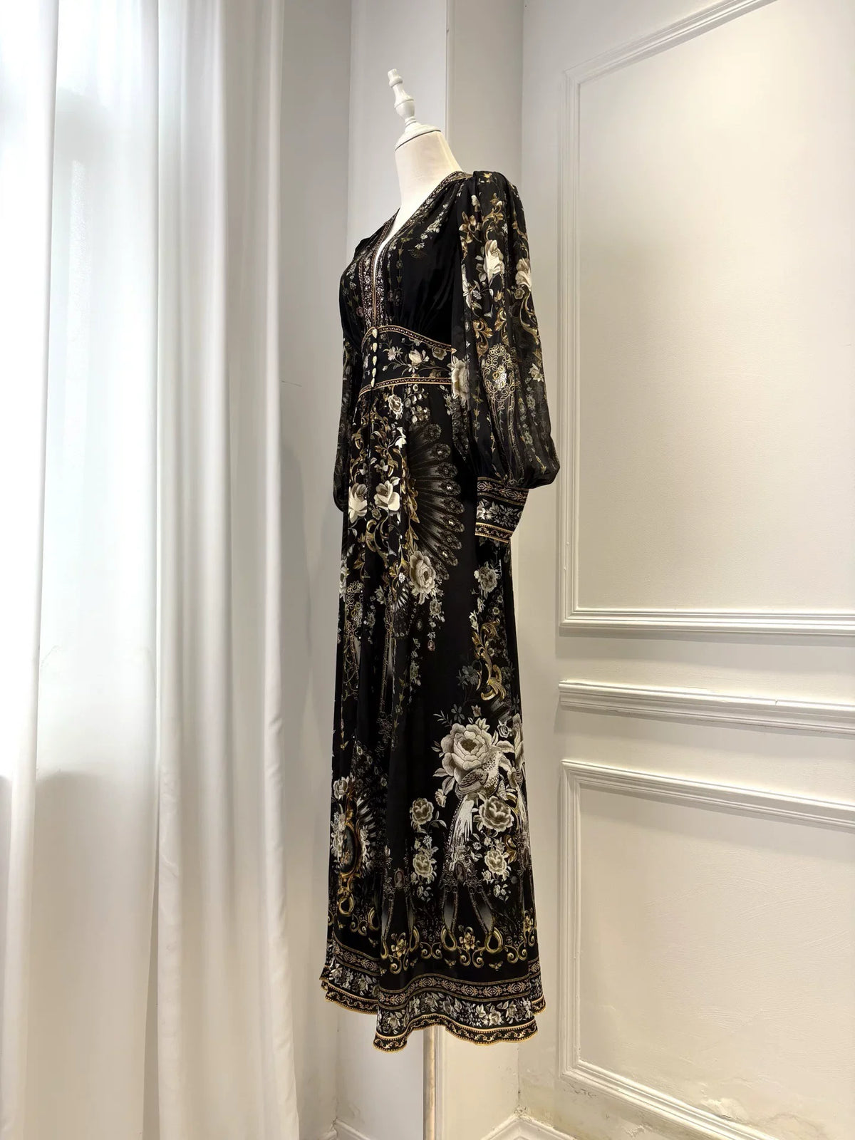 Crystal Beaded Women 100% Silk Maxi Dress Floral Printed V-Neck Elastic Waist Lantern Sleeve Vintage Black Robe