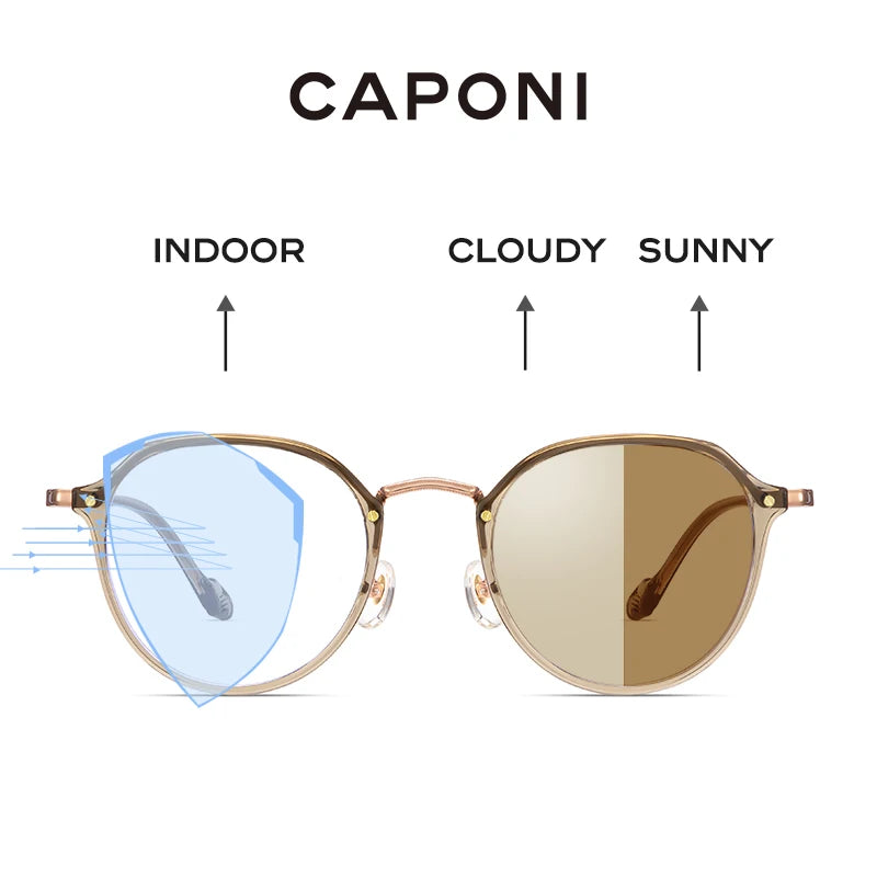 CAPONI Photochromic Brown Glasses TR-90 Titanium Frame Glasses Women's Blue Ray Protect Computer Brand Design Eyeglasses BF8076