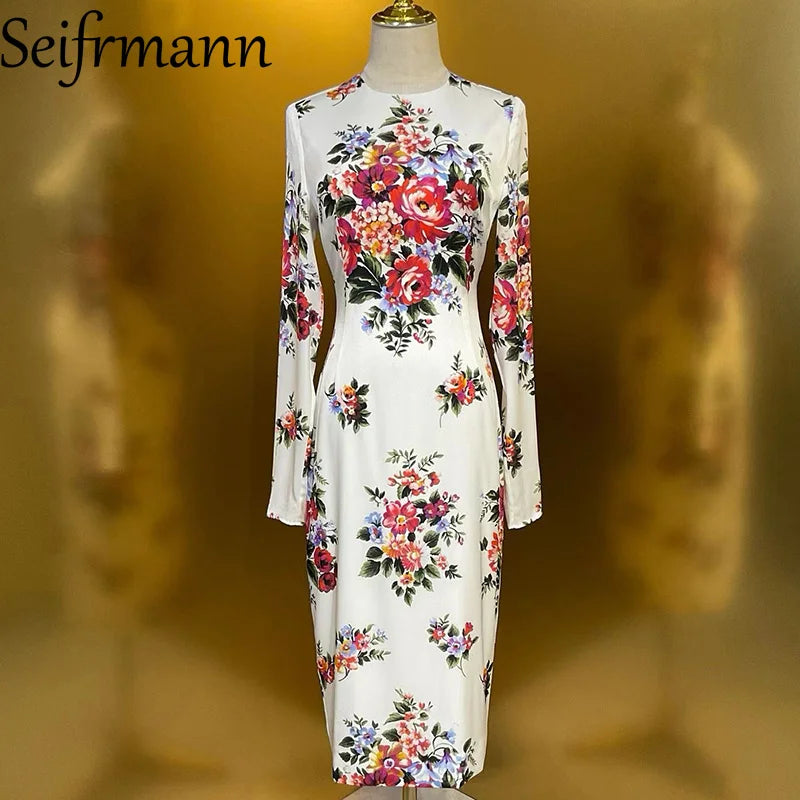 Seifrmann Summer New Women's Dress Long Sleeved Elegant Print High Waist Slim-Fit Hip Wrap Silk Straight Dresses