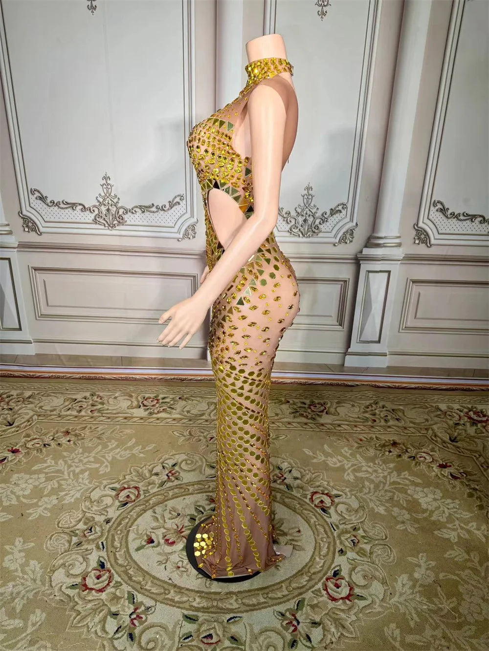 Luxury Mirror Rhinestones Long Dress for Women Singer Celebrity Evening Party Catwalk Prom Outfit Stage Photo Shoot Dresses