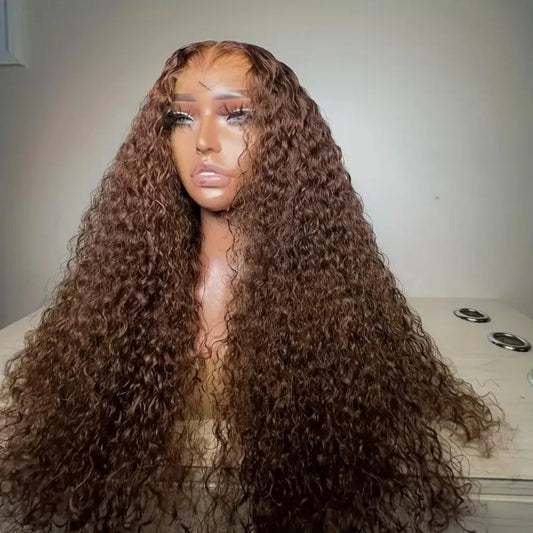 Chocolate Brown Deep Wave Human Hair Wigs Brazilian Curly Lace Front Wig 250 Density 13X6 Hd Lace Frontal Wig Preplucked 30 Inch