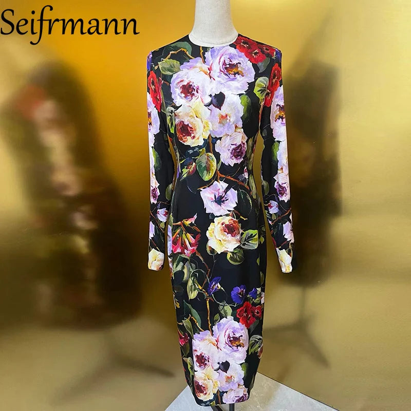 Seifrmann Summer New Women's Dress Long Sleeved Elegant Print High Waist Slim-Fit Hip Wrap Silk Straight Dresses