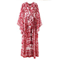 Women Silk Maxi Wrap Dress Porcelain Print Chiffon Boho Beach Evening Gown Flared Sleeves Summer Wedding Party