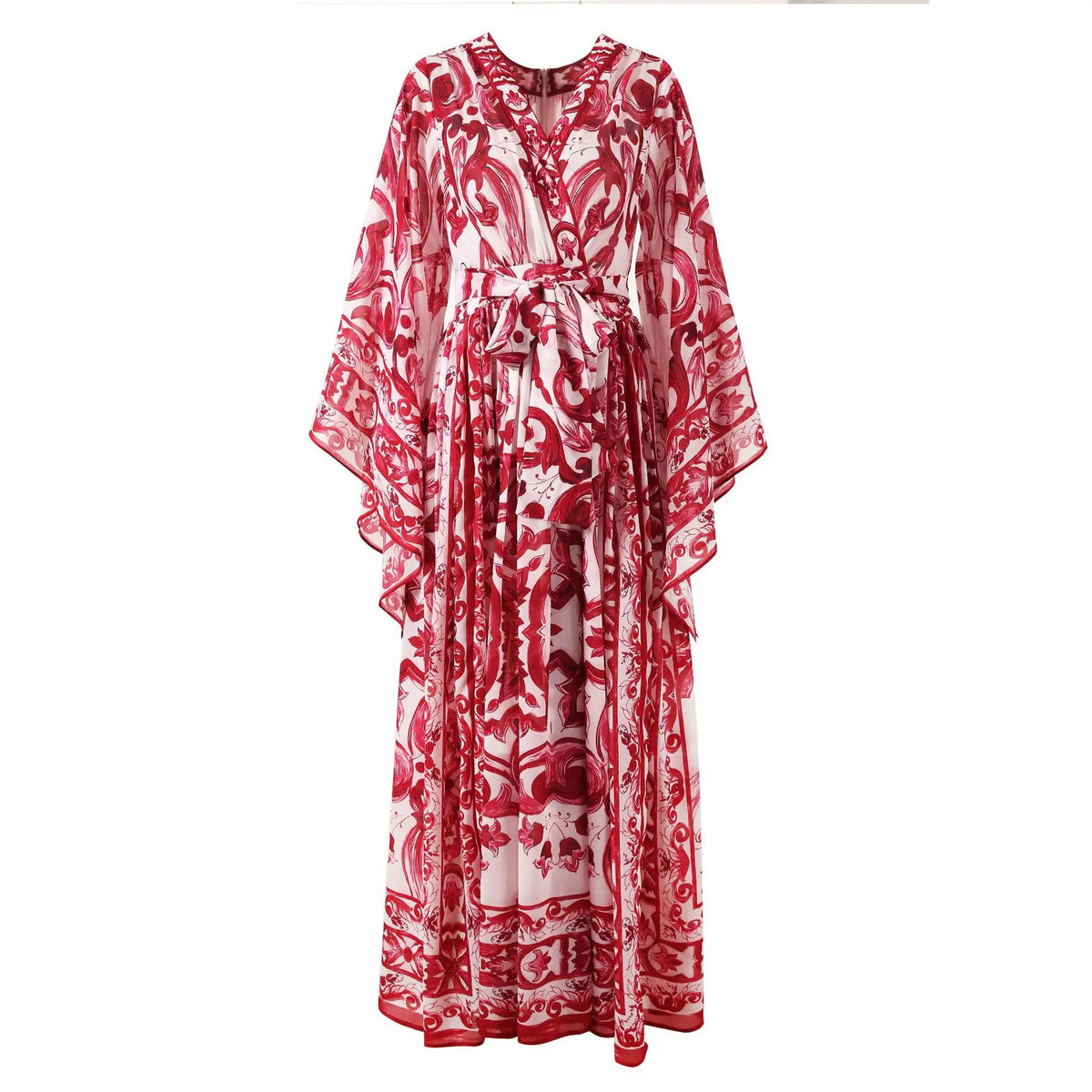 Women Silk Maxi Wrap Dress Porcelain Print Chiffon Boho Beach Evening Gown Flared Sleeves Summer Wedding Party