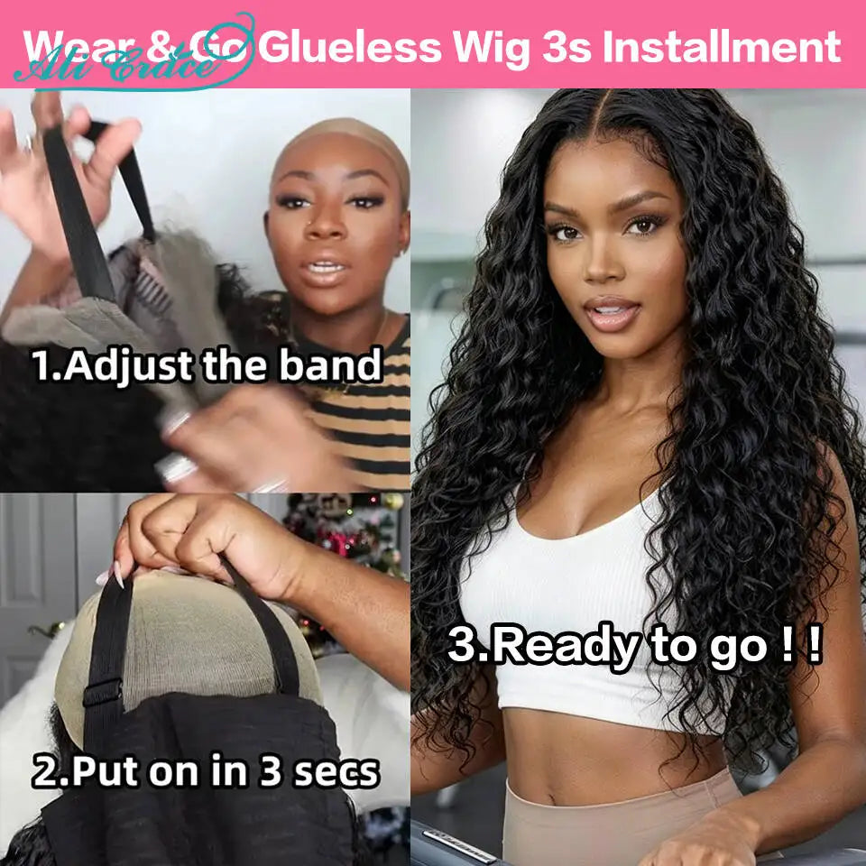 Ali Grace Deep Wave Hair 5x5 Lace Closure Human Hair Wigs Water Wave Brazilian Hair Pre-plucked Wear&Go Glueless Wigs for Women
