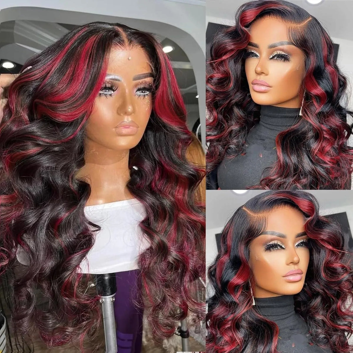 Red Blonde Highlights Body Wave 5x5 Glueless Wigs 30 Inch Human Hair Ombre Burgundy for Women Pre Plucked with Baby Hair 180%