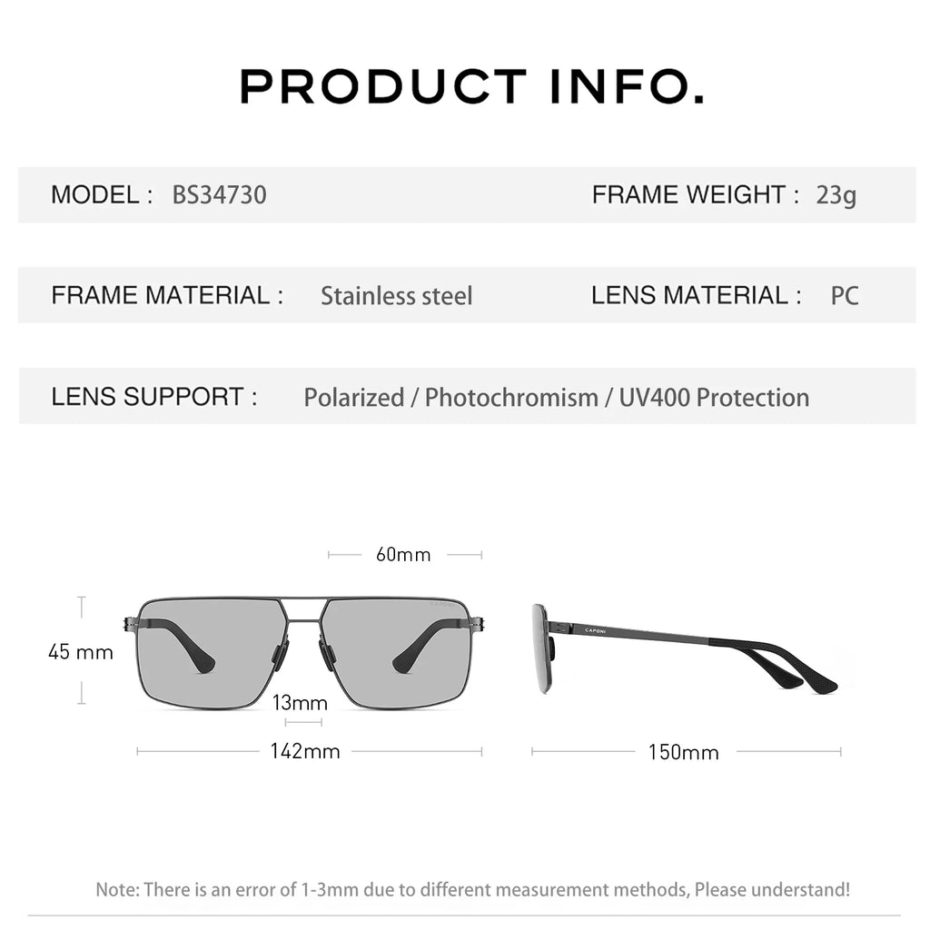 CAPONI New Polarized Men Sunglasses Photochromic High Quality Stainless Steel Outdoor Sun Glasses Anti Glare Black Shade BS34730