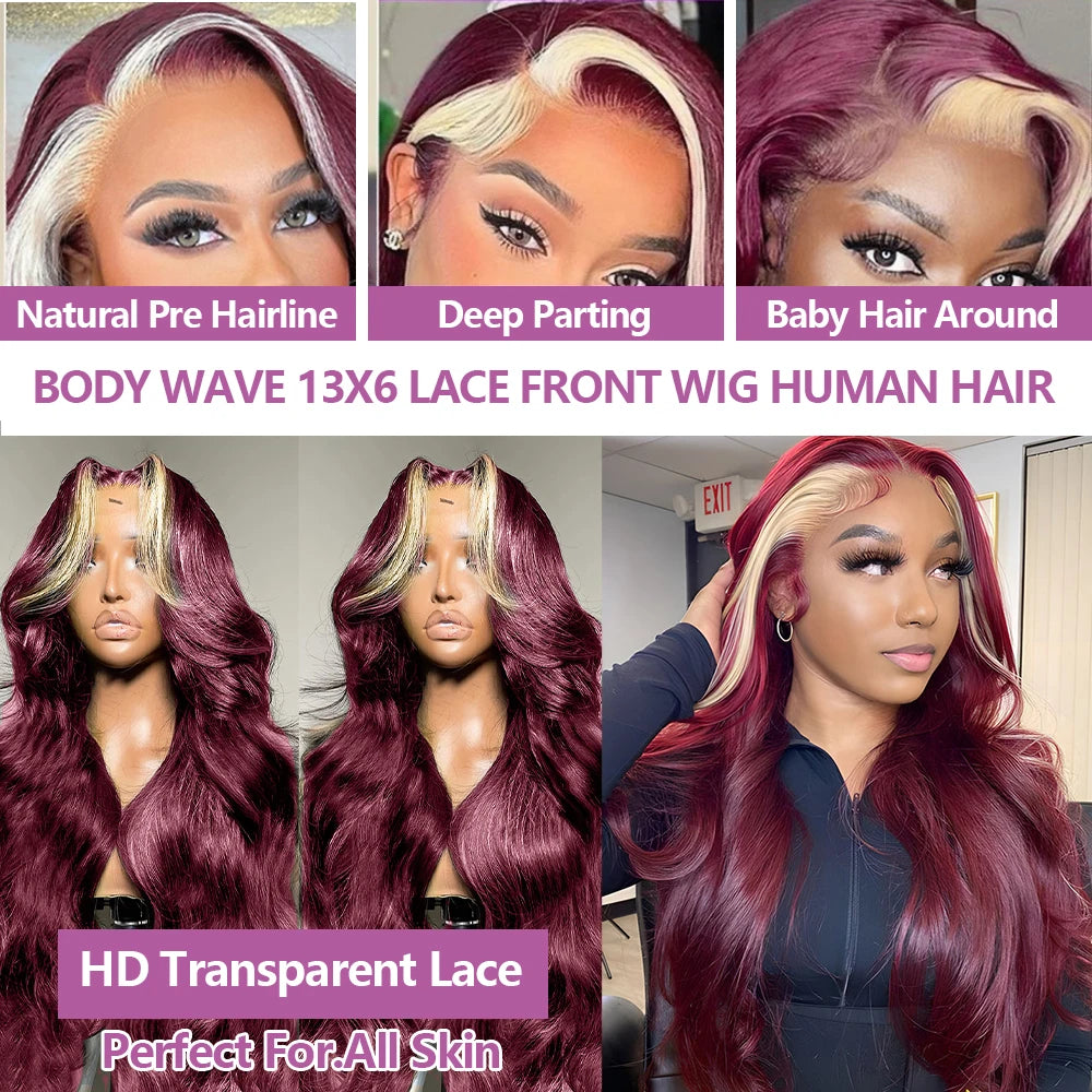 99J/613 Body Wave 13x4 Lace Frontal Highlight Wig Human Hair Brazilian High Density Ombre Blonde With Red Colored Human Hair Wig