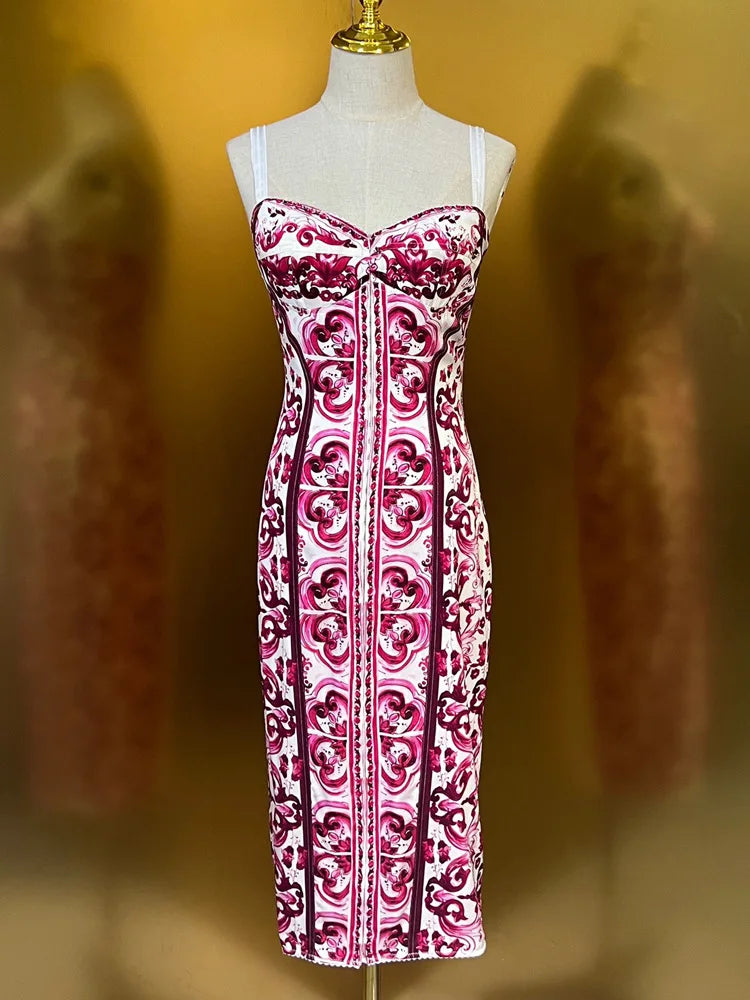 Summer Silk Bustier Midi Dress Women's Elegant Spaghetti Strap Porcelain Print Beach Party Sexy Bodycon Vacation Evening Dress