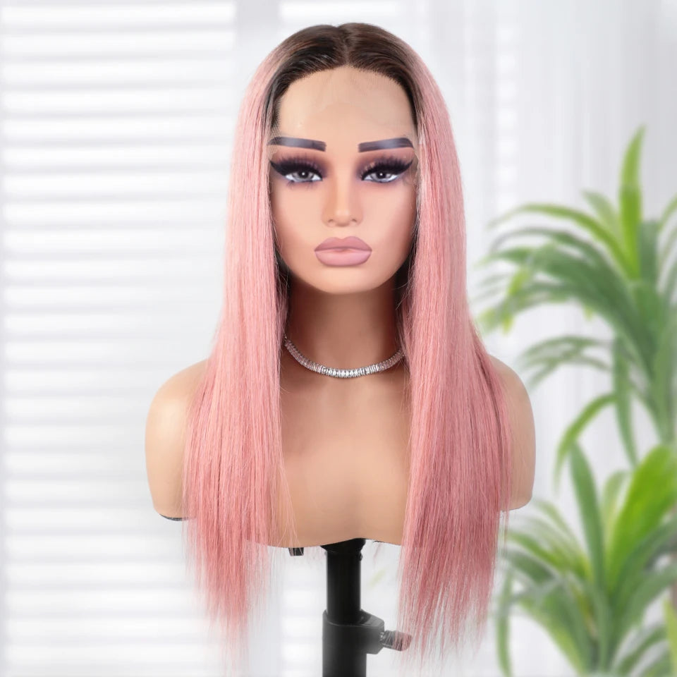 Ombre Pink Straight Lace Front Wigs 13x6x1 Lace Part Human Hair Wig For Women Transparent Lace Highlight Colored Remy Hair