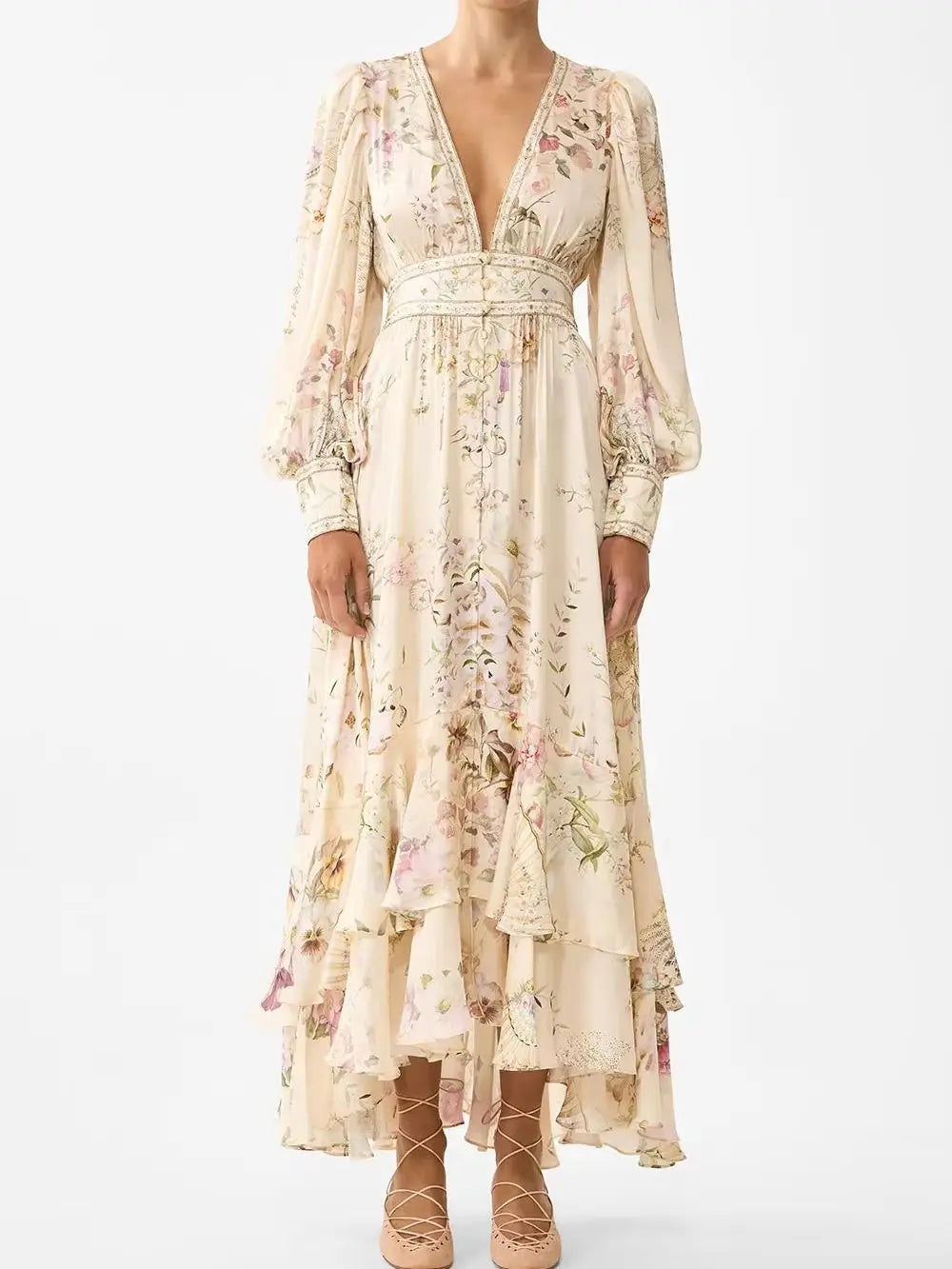 100% Silk Women Ruffles Layered Long Dress Crystal Beaded Flower Print Lantern Sleeve V-Neck Single Breasted Elegant Robe