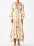 100% Silk Women Ruffles Layered Long Dress Crystal Beaded Flower Print Lantern Sleeve V-Neck Single Breasted Elegant Robe