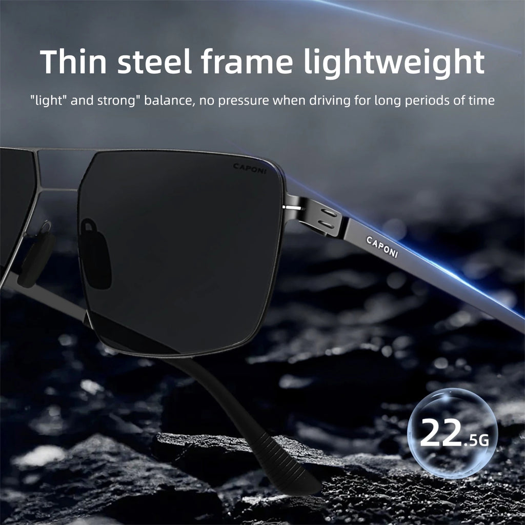 CAPONI New Polarized Men Sunglasses Photochromic High Quality Stainless Steel Outdoor Sun Glasses Anti Glare Black Shade BS34730