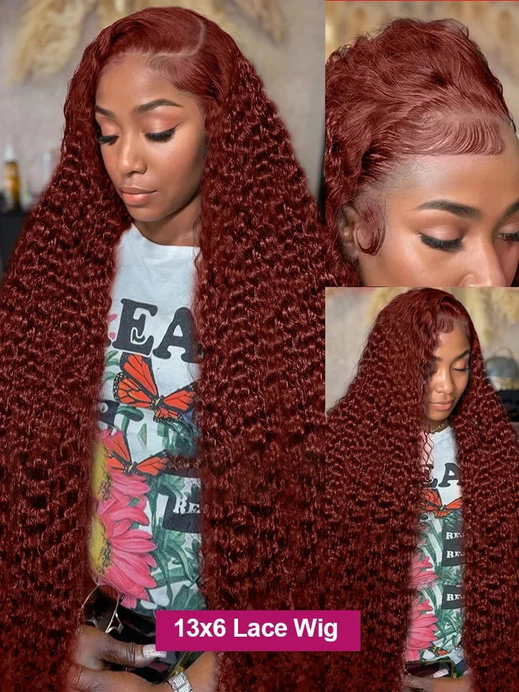 Reddish Brown Deep Wave 13x6 HD Lace Frontal Wig Colored Pre Plucked 40 Inch Curly 13x4 360 Lace Front Human Hair Wigs For Women