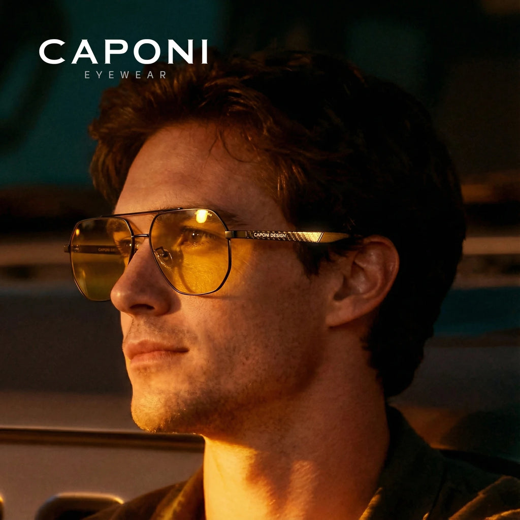 CAPONI Pilot Style Men Sunglasses Double Bridge Driver Night Vision Carbon Fiber Sun Glasses Photochromic Brown Shades BSYS34717