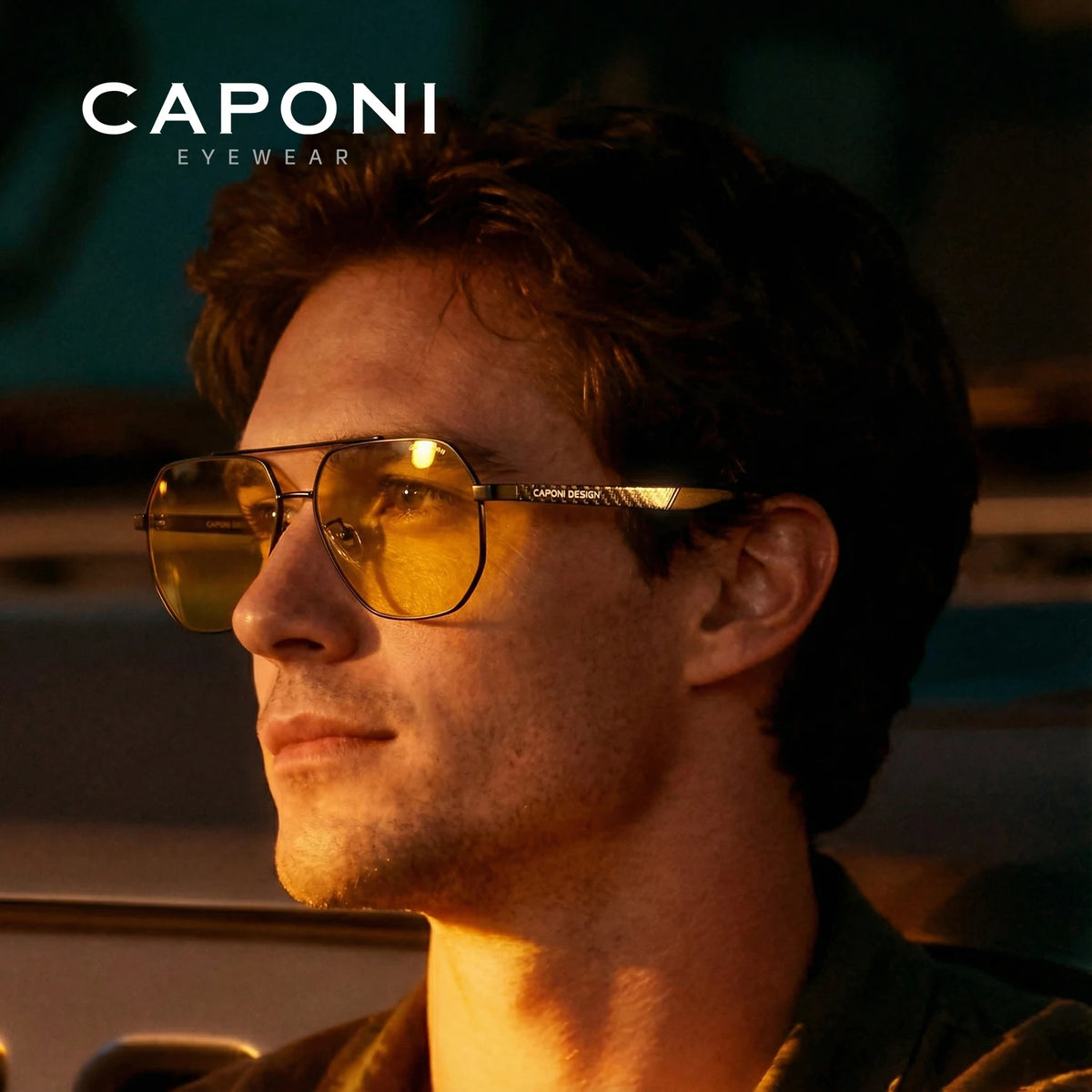 CAPONI Pilot Style Men Sunglasses Double Bridge Driver Night Vision Carbon Fiber Sun Glasses Photochromic Brown Shades BSYS34717