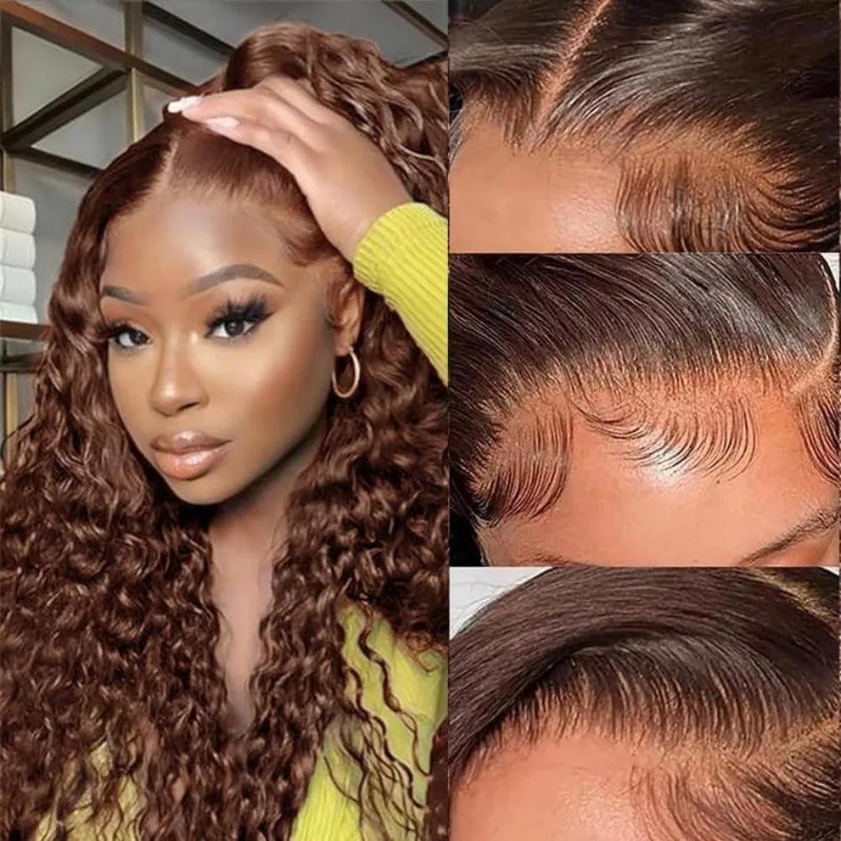 Chocolate Brown Deep Wave Human Hair Wigs Brazilian Curly Lace Front Wig 250 Density 13X6 Hd Lace Frontal Wig Preplucked 30 Inch