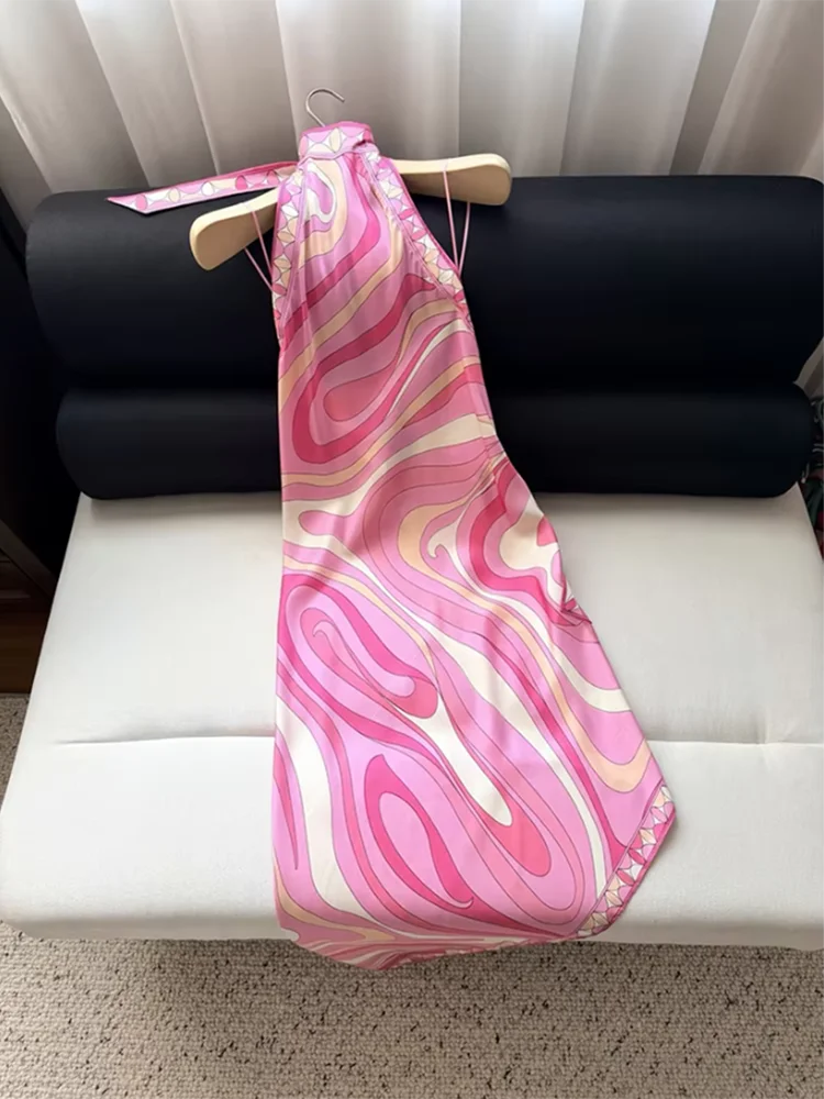 Summer Fashion Beach Style Party Geometric Print Slik Elegant Long Dress Women's Lace-Up Collar Sexy Backless Slim Dress