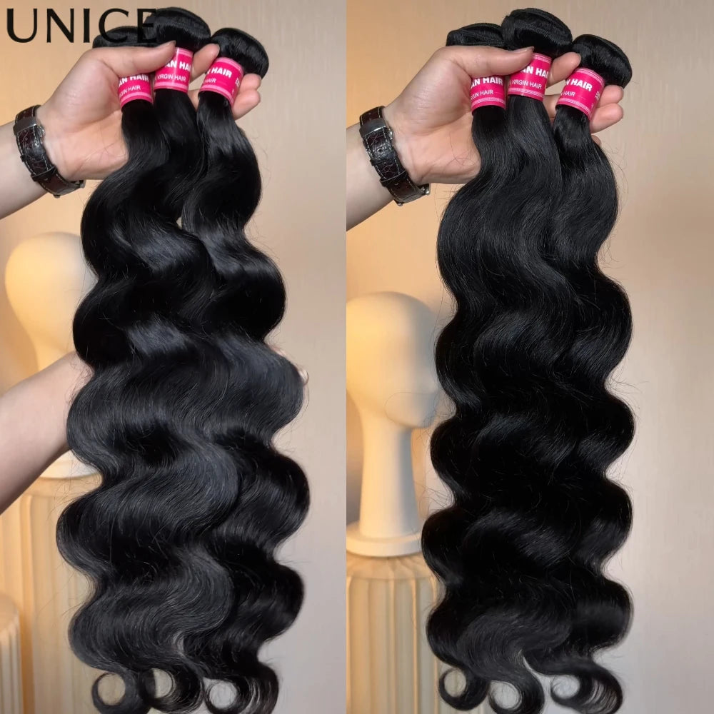 UNice Hair Body Wave Bundles With 13x4 Lace Frontal 100% Human Hair Bundles 3/4PCS With Free Part Frontal Make 250% Density Wig