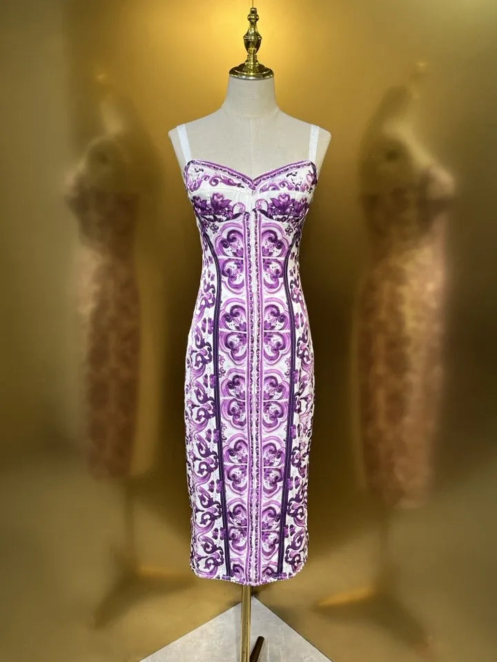 Summer Silk Bustier Midi Dress Women's Elegant Spaghetti Strap Porcelain Print Beach Party Sexy Bodycon Vacation Evening Dress