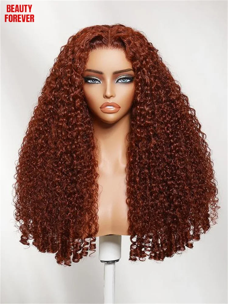 Beautyforever 7x5 Bye Bye Knots Glueless Human Hair Wig Jerry Curly Reddish Brown Color HD Transparent Lace Front Wig 180%