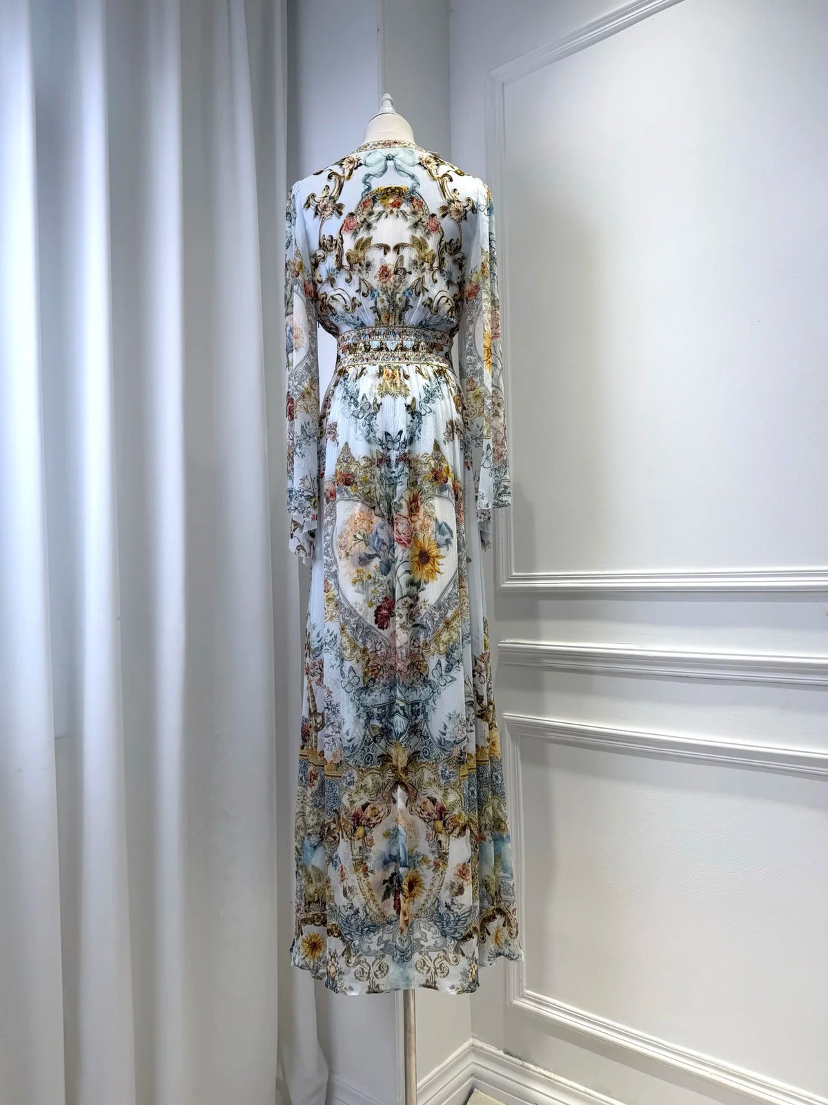 Women Floral Print Elegant Maxi Dress Spring/Summer Crystal Beaded V-Neck Flare Sleeve Elastic Waist Fashion Ladies Silk Robe