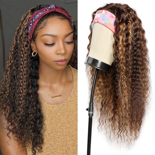 Blonde Highlight Headband Wig 4/27 Highglight Wig Curly Human Hair Wigs For Women Ombre Colored Brazilian Scarf Wig On Sale 180%