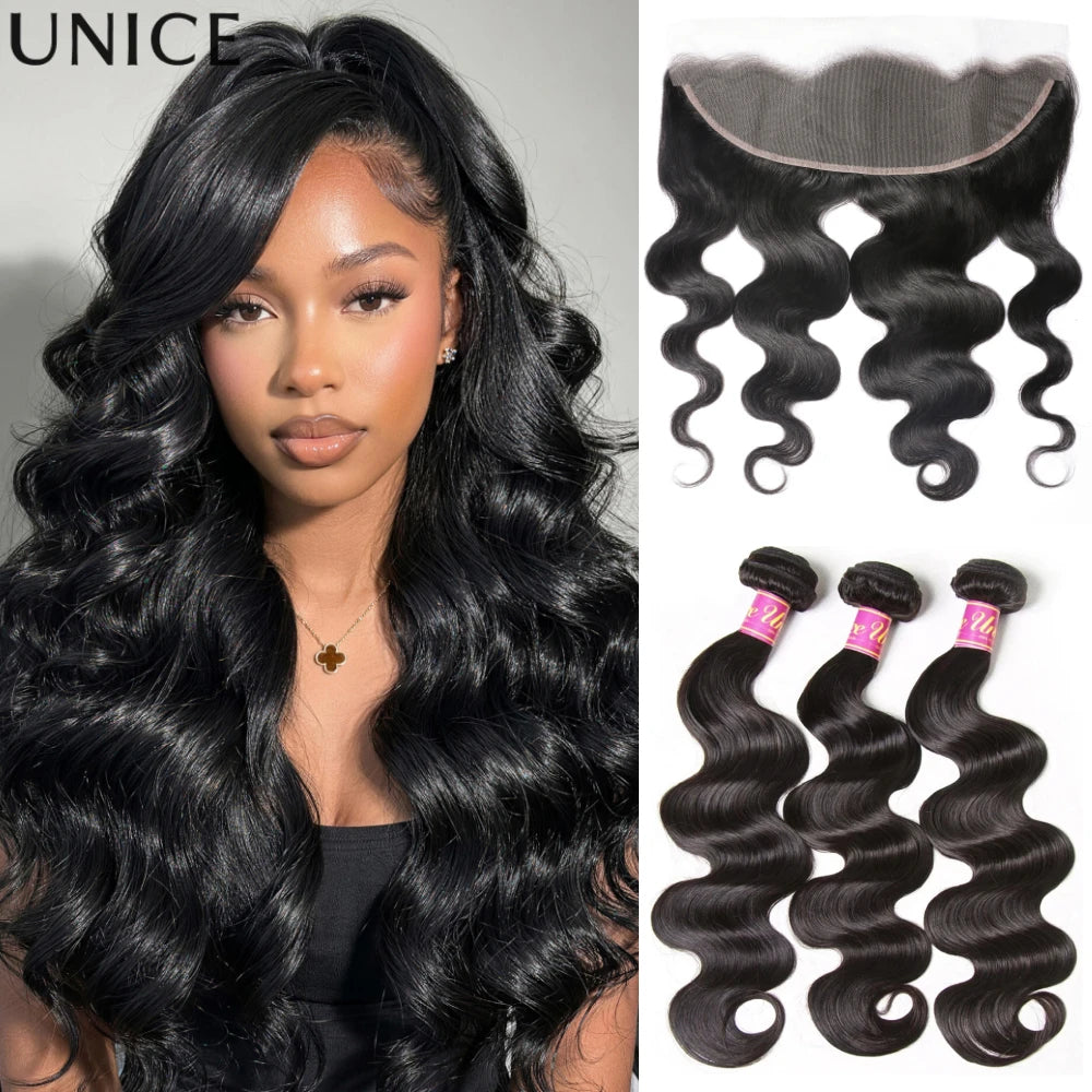 UNice Hair Body Wave Bundles With 13x4 Lace Frontal 100% Human Hair Bundles 3/4PCS With Free Part Frontal Make 250% Density Wig