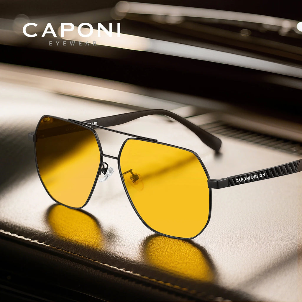 CAPONI Pilot Style Men Sunglasses Double Bridge Driver Night Vision Carbon Fiber Sun Glasses Photochromic Brown Shades BSYS34717
