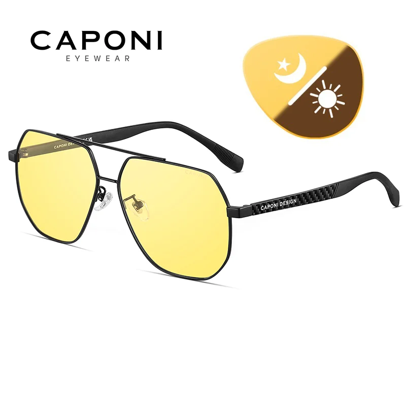 CAPONI Pilot Style Men Sunglasses Double Bridge Driver Night Vision Carbon Fiber Sun Glasses Photochromic Brown Shades BSYS34717