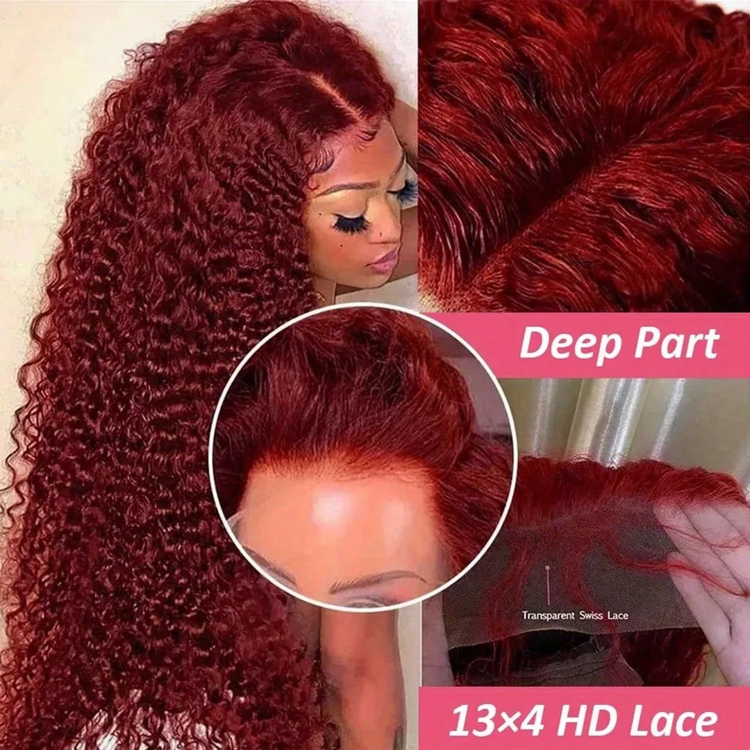250% Density 34Inch 13x4 99J Burgundy Jerry Curly Lace Front Wigs Human Hair Red Wine Pre-plucked With Baby Hair For Women
