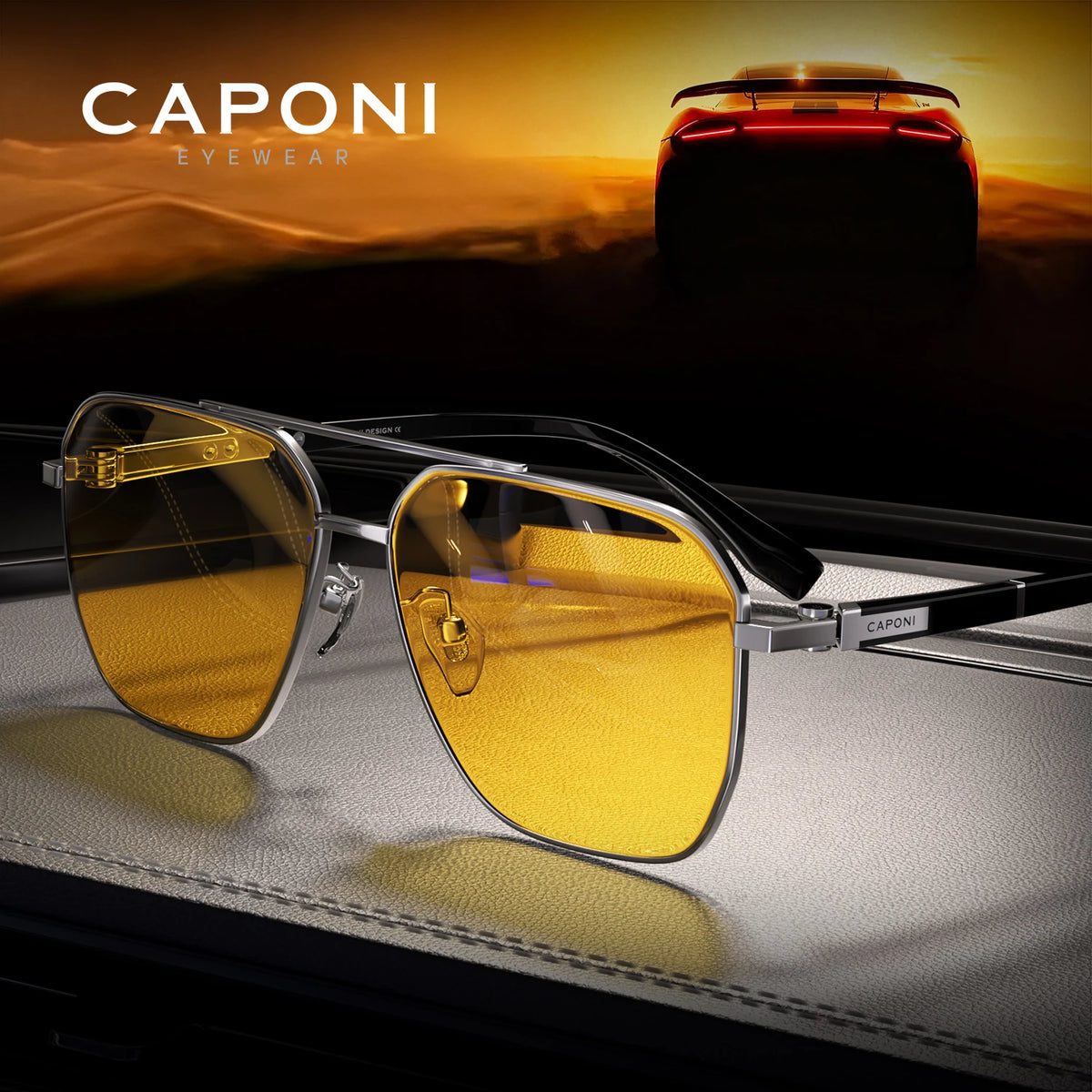 CAPONI Pilot Style Sunglasses Men Driving Night Vision Acetate Yellow Sun Glasses Fashion Photochromic Brown Eyewear BSYS24703