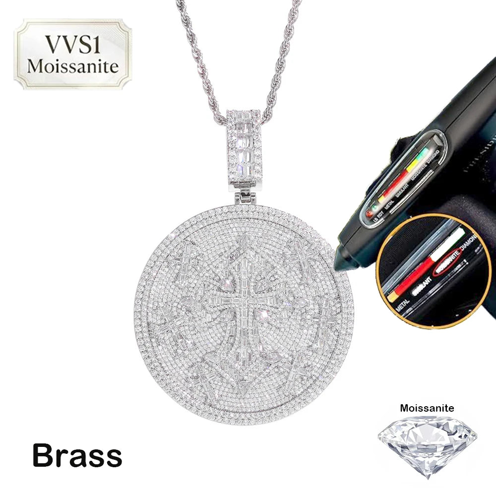 Hip Hop Custom VVS1 Moissanite Cross Circle Pendants Necklaces Iced Out Brass Personalized Men Pendant with Passed Diamond Test