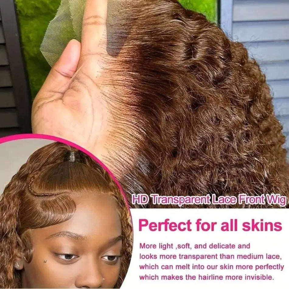 Chocolate Brown Deep Wave Human Hair Wigs Brazilian Curly Lace Front Wig 250 Density 13X6 Hd Lace Frontal Wig Preplucked 30 Inch