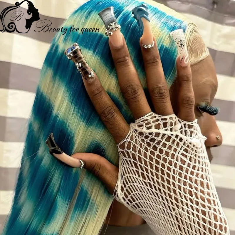 Cosplay Highlight Straight With Pattern Brazilian Colored Pink Blue Human Hair Wig Transparent 13x4 Lace Frontal Wigs For Women