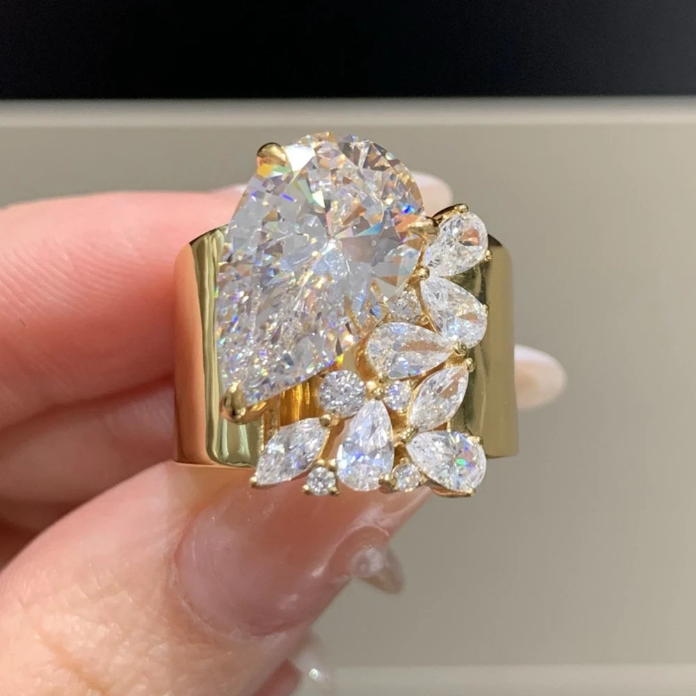 KQDANCE New Design 925 Sterling Silver Pear Cut High Carbon Diamond Ring 18K Gold Plated Engagement Fine Jewelry Gift For Women